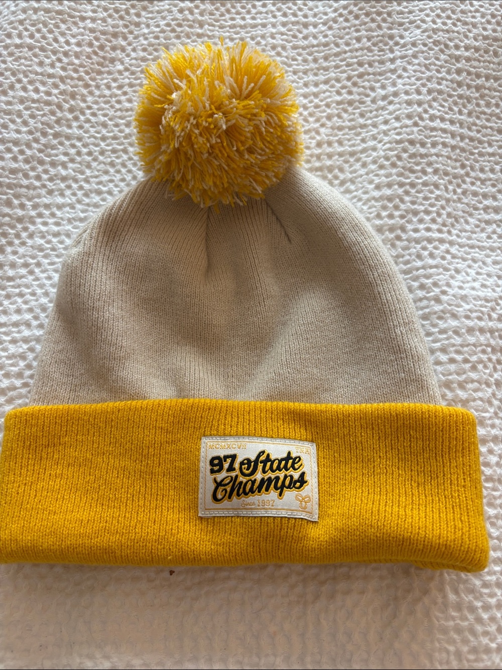 TNA Two-Tone Pom Beanie in Yellow and Cream